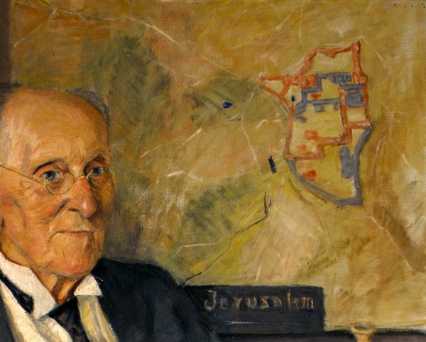 Dalman vor einer Jerusalem-Reliefkarte von Robert Köppel (Detail aus: Porträt, 1935, K. v. Kardorff, Foto: R. Wehning, Copyright: Gustaf-Dalman-Institut)